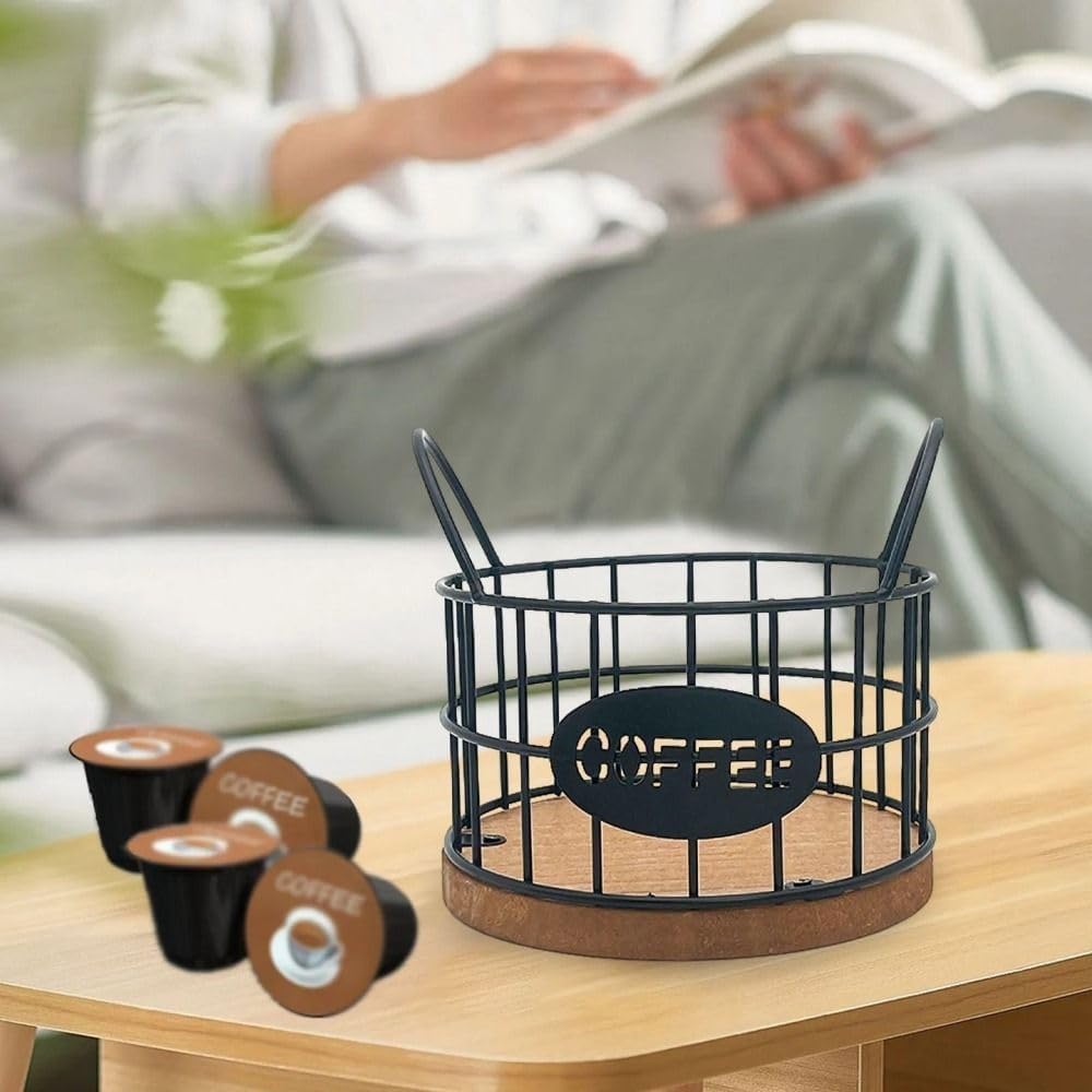 Coffee Pods Holder for Countertop, K Cup Holder Organizer, Sturdy Kcup Storage Basket with Wooden Base, Pods Container for Kitchen Bar Counter Office Desktop (Black)