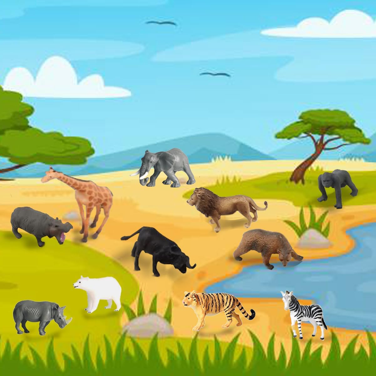 RUSON 12 Safari Animals Figures Toys with 12 Flash Cards, Realistic Mini Jungle Animal Figurines Cake Topper Party Supplies Montessori Animal Matching Game for Toddler Kids