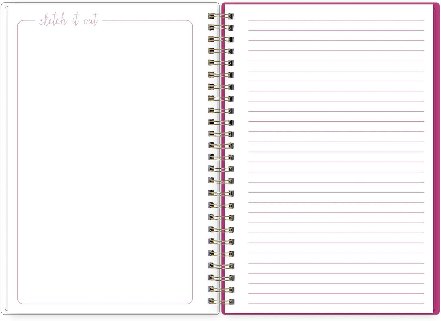 Blue Sky Good Vibes Notebook, 160 Lined And Perforated Pages, 5.75" x 8.5", Gold Durable Twin Wire Binding, Flexible Glitter Shaker Cover, Party Dots Pink