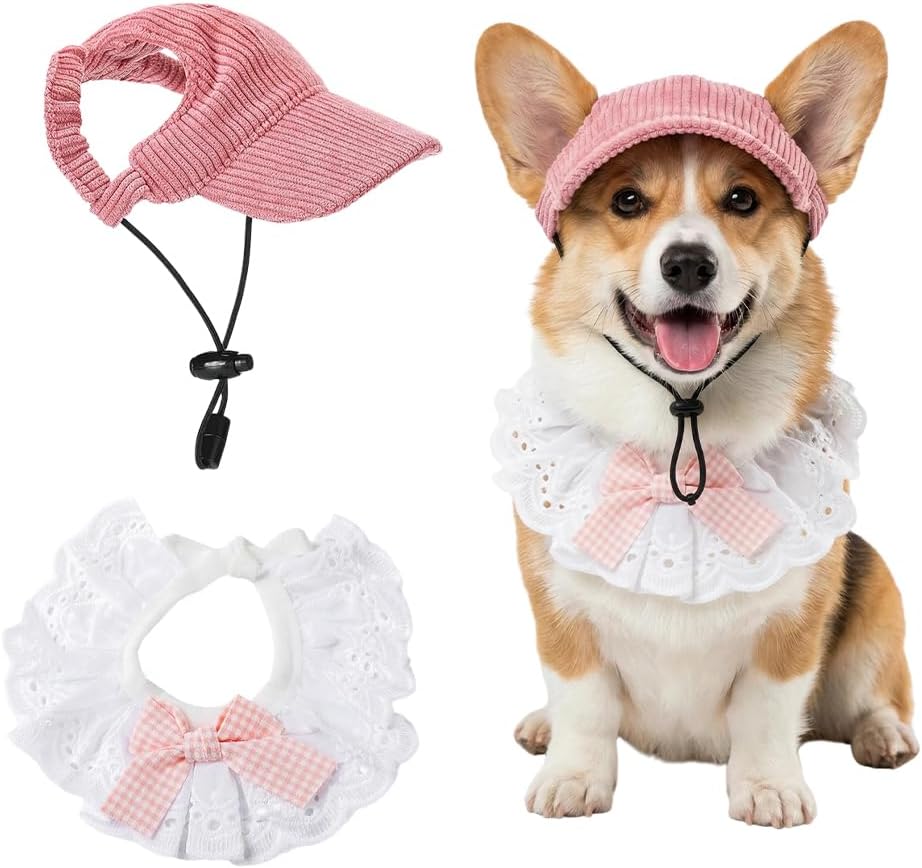 1 Set Dog Baseball Cap Adjustable Puppy Sunbonnet Headdress Hat and Drool Bib Pet Baseball Hat Cap Visor Sunbonnet Outfit with Ear Holes for Dogs Summer Outdoor