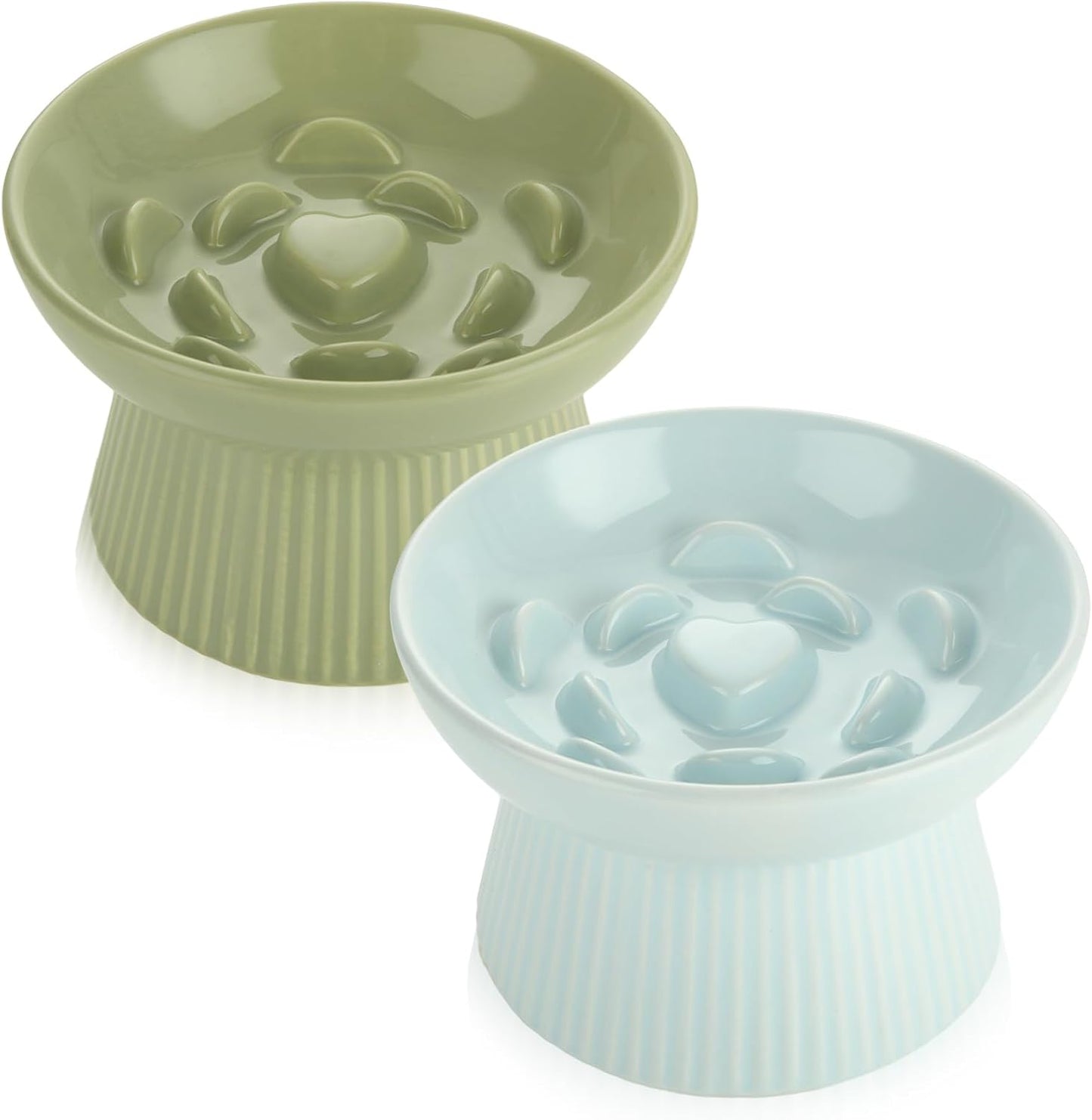 2 Pack Raised Cat Slow Feeder, Elevated Slow Feed Dish for Cats and Small Dogs, Ceramic Slow Feeder Cat Bowl, No Spill High Edge for Dry/Wet Food(Blue, Green)