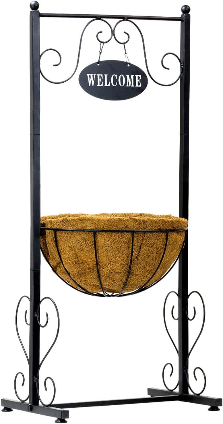 Sorbus Welcome Planter Basket Stand with Coco Liner, Stylish Flower, Plant, and Outdoor Décor for Home, Garden, Patio, Deck, Black Metal