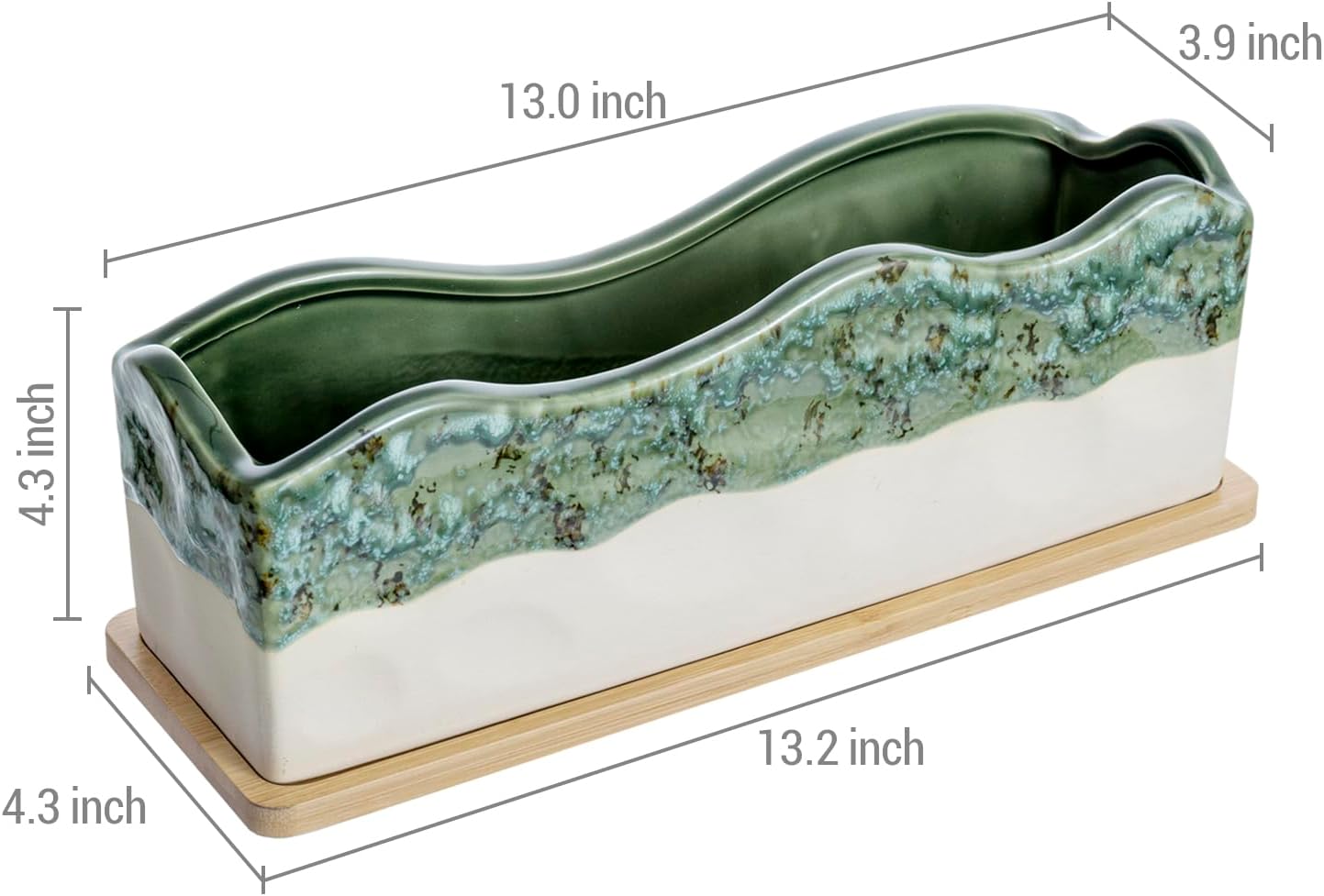 MyGift 13 Inch Large Rectangular Succulent Planter, Decorative Seafoam Green Glazed Beige Ceramic Indoor Plant Container Pot with Removable Bamboo Tray