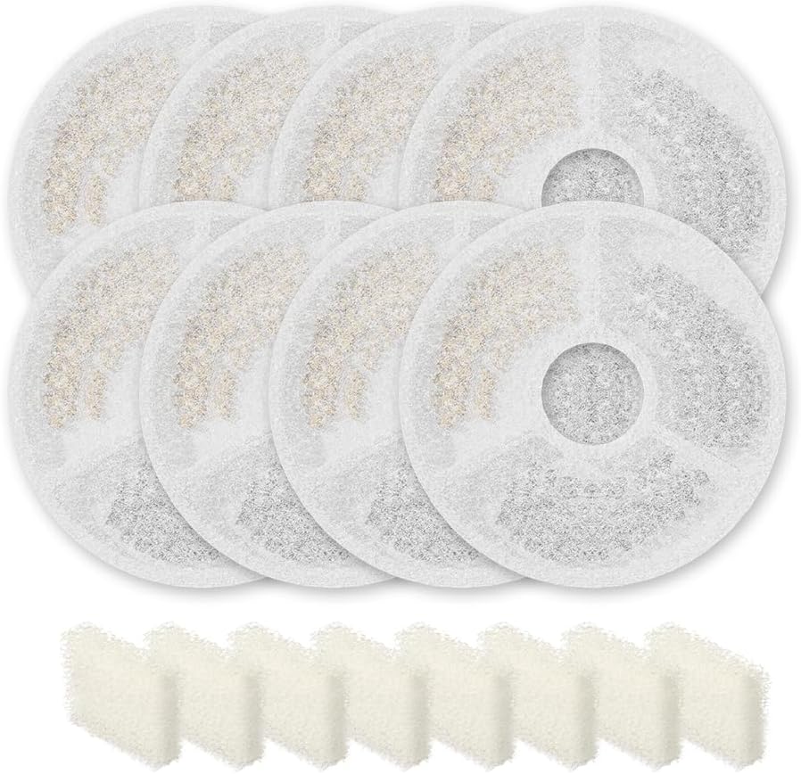 8 Pack Replacement Filters & 8 Pack Pre-Filter Sponges Set – Official Replacement Filters for Sarpaws Cat Drinking Water Fountains Dog Water Dispenser-FW1