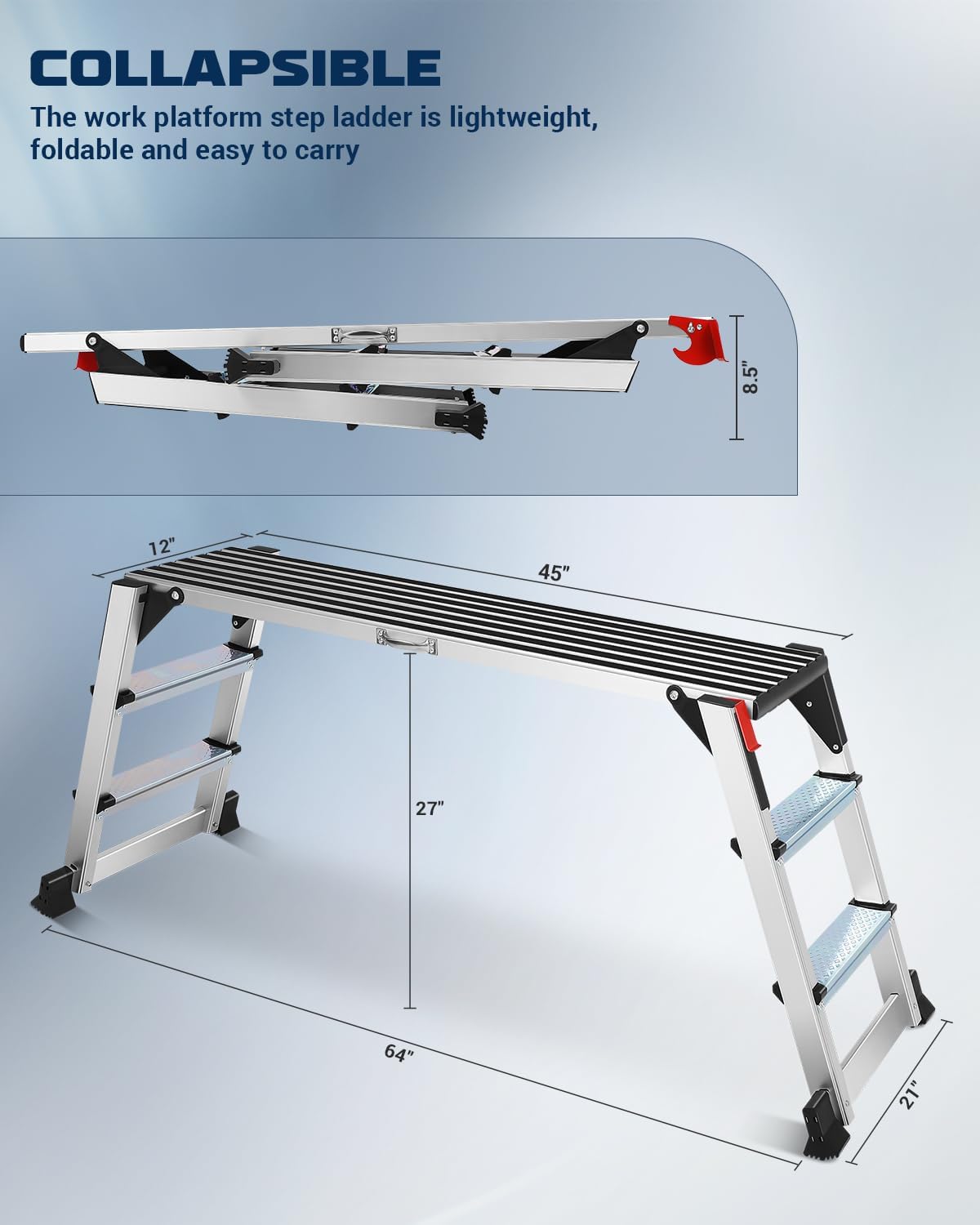 Aluminum Work Platform, Folding Work Platform, 45"×12"×27" 𝐓𝐰𝐨 𝐒𝐭𝐞𝐩 Ladder, Heavy Duty Work Platform Step Ladder Capacity 660 lbs Above for Washing Vehicles, Cleaning, Decorating