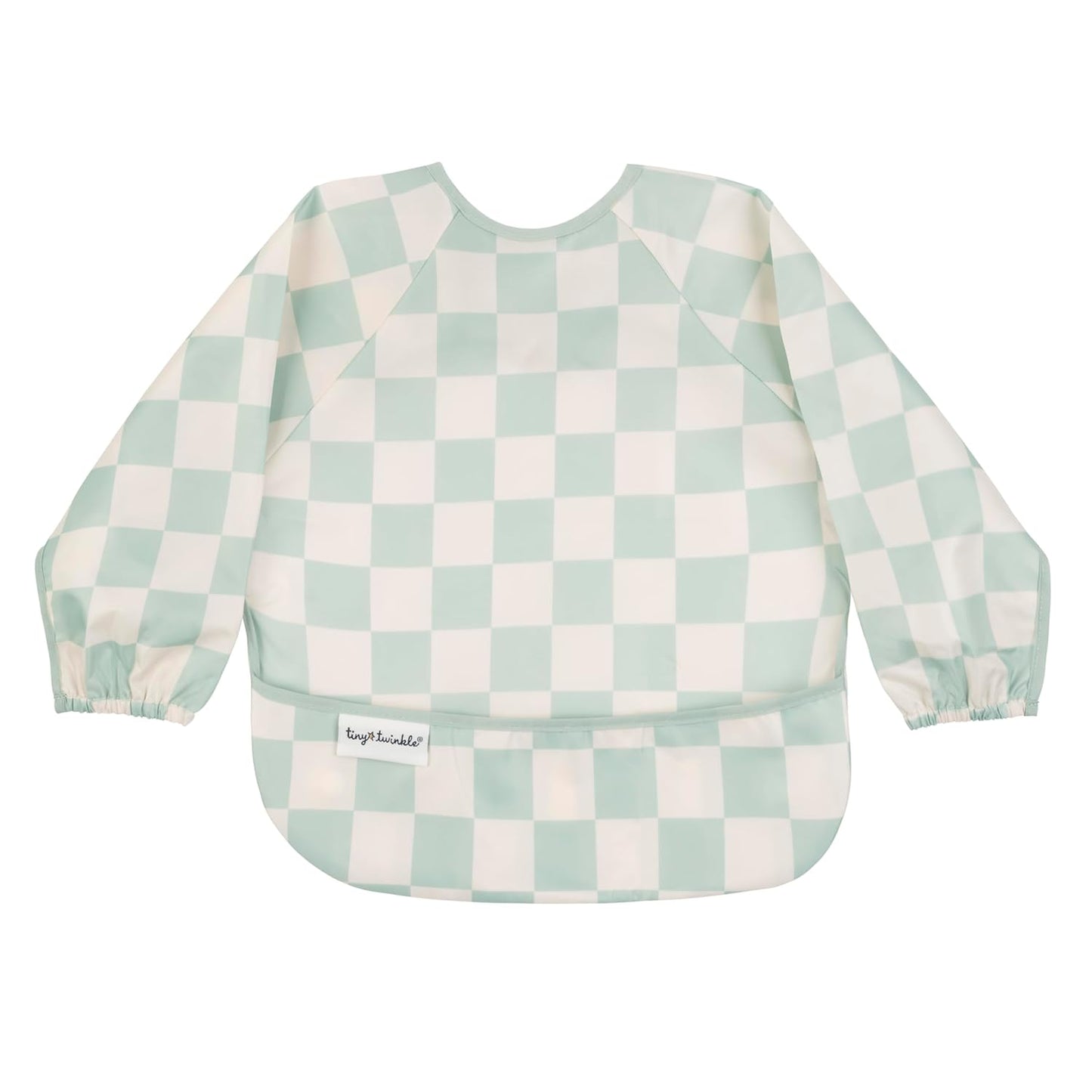 Tiny Twinkle Long Sleeve Bib for Babies & Toddlers | 2-Pack Waterproof Smock Bib for Eating | Machine Washable & Mess-Proof Feeding Essentials | Newborn Shower Gift (Black,Sage Checkers, 6-24M)