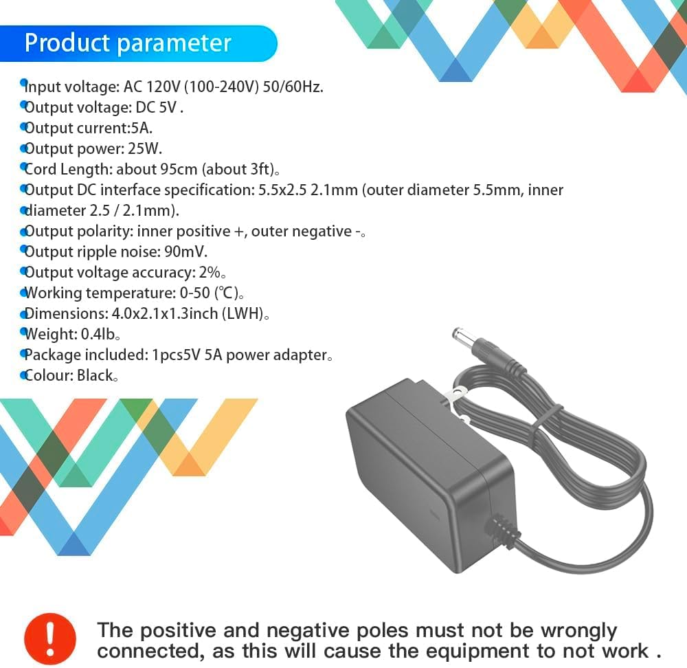 5V 5A Power Supply Adapter 25W AC 100-240V to DC Wall Power Supply Converter with 5.5x2.5mm/2.1mm Plug for LED Pixel Strip Light CCTV Camera Security System