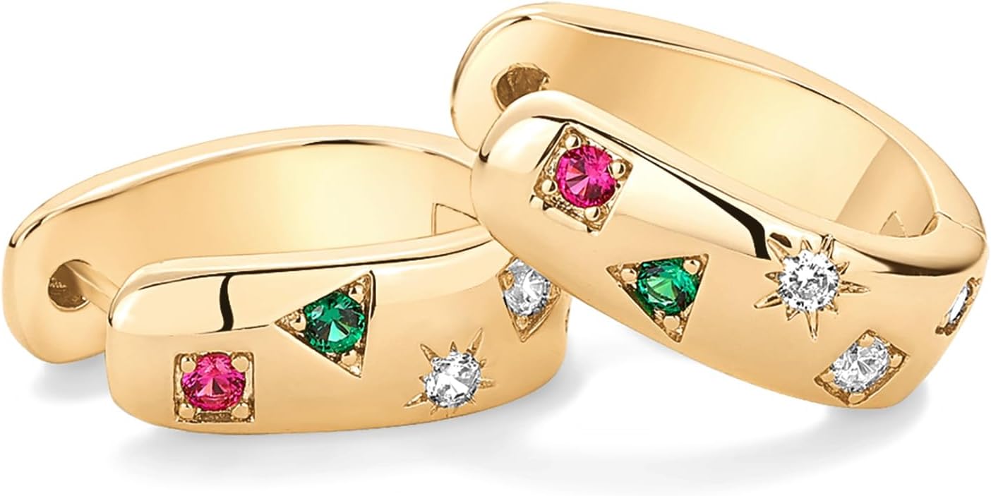 PAVOI 14K Gold Plated 925 Sterling Silver Posts Chunky Huggie Earrings for Women | Multi-Colored Cubic Zirconia Statement Hoop Earrings