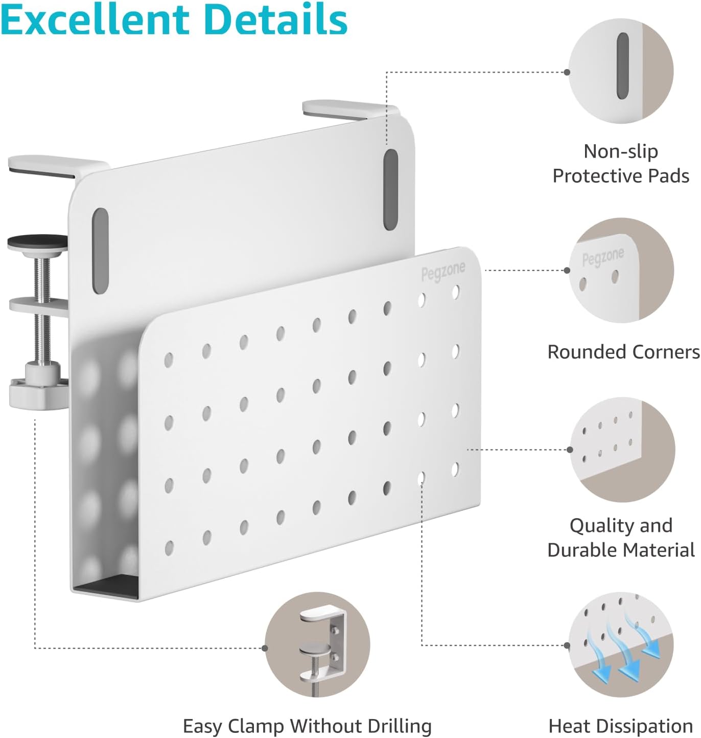 Desk Side Storage Organizer, No Drill Under Desk Laptop Holder, Clamp on Desks Shelf with Pegboard Accessories, Hanging Laptop Mount, Fits Flat Edge 0.4" to 2.2", White
