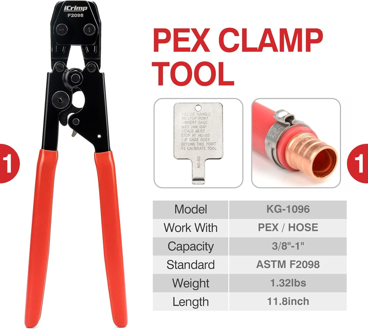 iCRIMP KIT-1096D PEX Clamp Tool Kit for 3/8 to 1 inch PEX Cinch Clamps, with 20pcs 1/2 inch & 10pcs 3/4 inch PEX Cinch Clamp Rings, PEX Tubing Cutter, All-in-one PEX Crimping Tool Kit