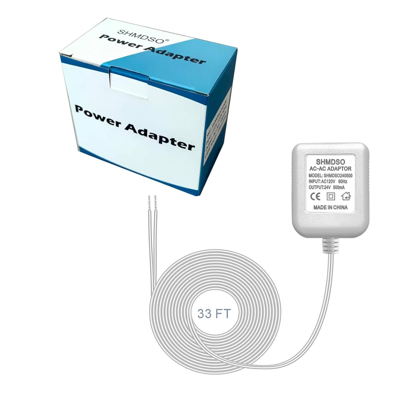 24V Doorbell Transformer，33 Feet Length Output Line 24V500mA Video Doorbell Power Adapter, Compatible with Arlo, Nest, Wyze, Eufy, Ring Doorbell Power Supply （White 33 feet）