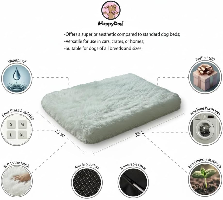 IHAPPYDOG Luxury Faux Fur Orthopedic Dog Beds, Memory Foam Crate Bed for Small, Medium, Large and XL Pets, Fluffy Pet Bed with Waterproof and Washable Cover, Fits Crates (White, 35" x 23")