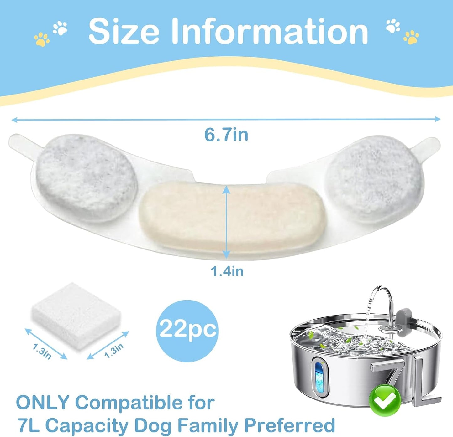 22 Pack Replacement Filters for smartoo 7L/236oz Stainless Steel Dog Water Fountain, 6 Month Set for Large Dogs Water Bowl Dispenser, Includes 22 Filters & 22 Sponges (22Pack)