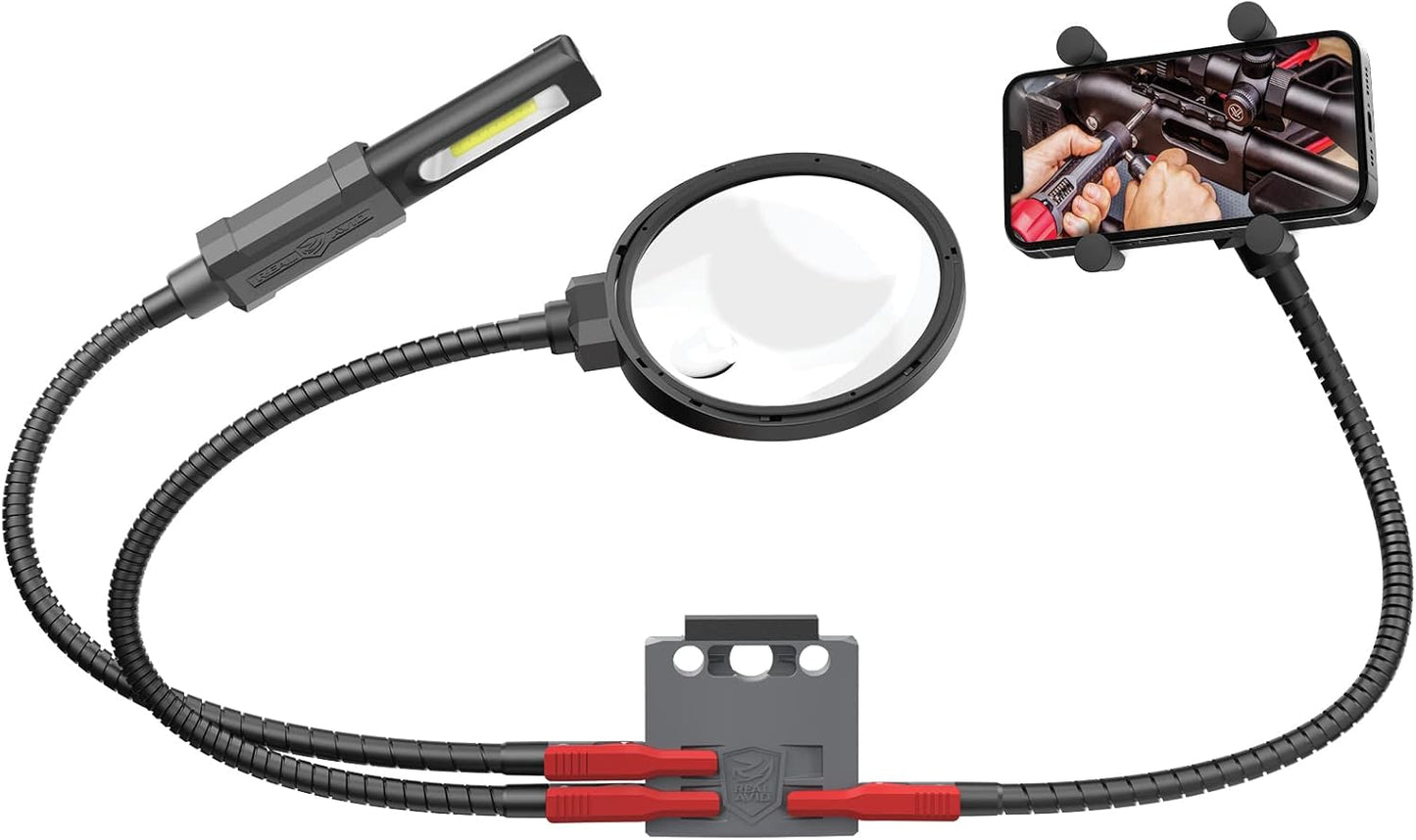 Real Avid Smart‑Assist Accessory System – Quick‑Connect Hands‑Free Workbench Kit with Rechargeable 180‑Lumen Work Light, 5" Magnifier & Cell Phone Holder for DIY Projects