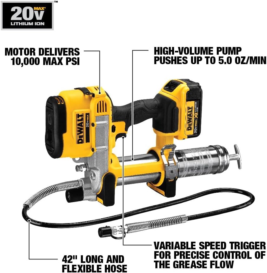 DEWALT Grease Gun 20V MAX, Cordless Electric Grease Gun 42” Hose, 10,000 PSI, Variable Speed Triggers, Tool Only (DCGG571B)