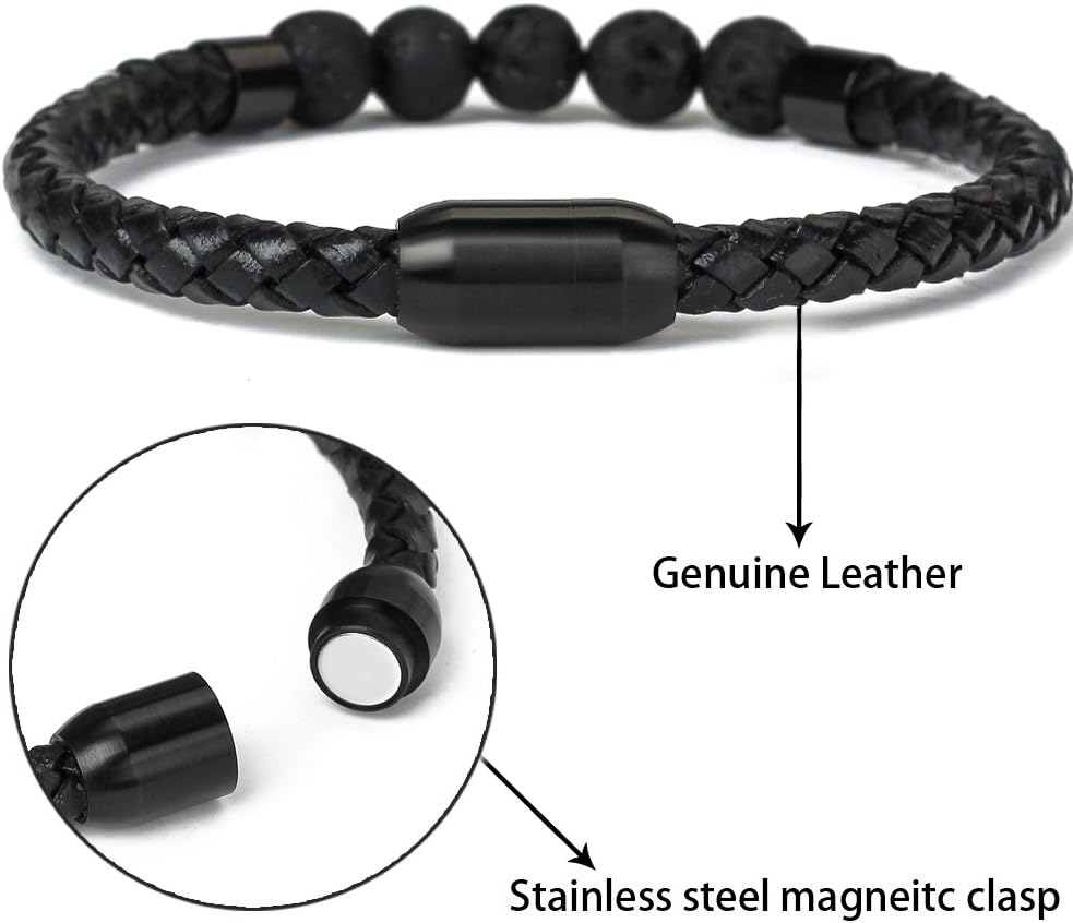 Healing Balancing Genuine Leather Beads Bracelet Magnetic Clasp Bracelet 8.5"