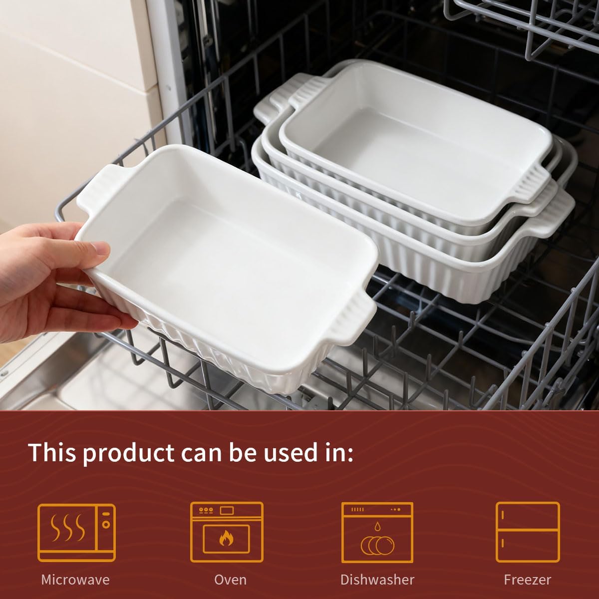 Ceramic Casserole Dishes Set of 4, Baking Dishes for Oven, Rectangular Lasagna Pan Deep with Handles, White Porcelain Bakeware (15''/12.4''/11''/9.6''), Microwave Safe