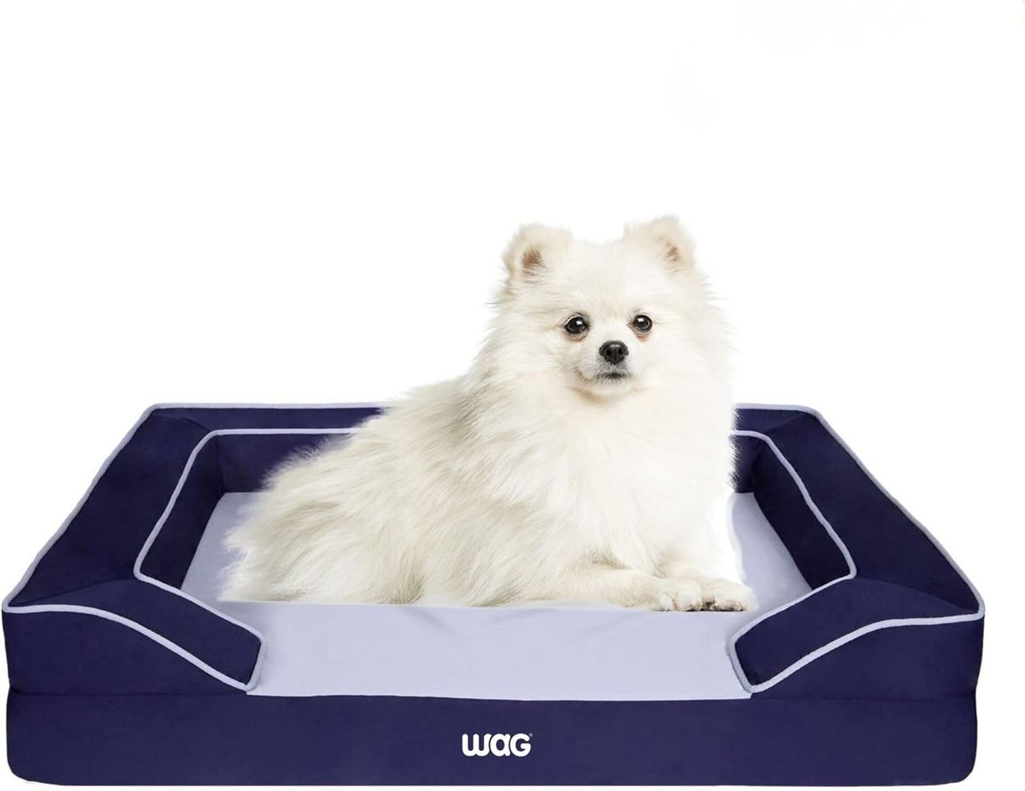 Lux Dog Bed by Wag | Quad Layer Technology with Memory Foam, Orthopedic Foam, and Cooling Gel. Machine Washable Cover. Navy, Medium
