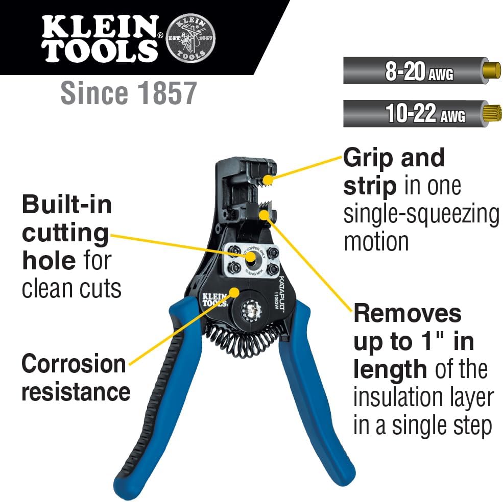 Klein Tools 11063W Wire Cutter/Stripper, Heavy Duty Automatic Tool for 8-20 AWG Solid and 10-22 AWG Stranded Electrical Wire