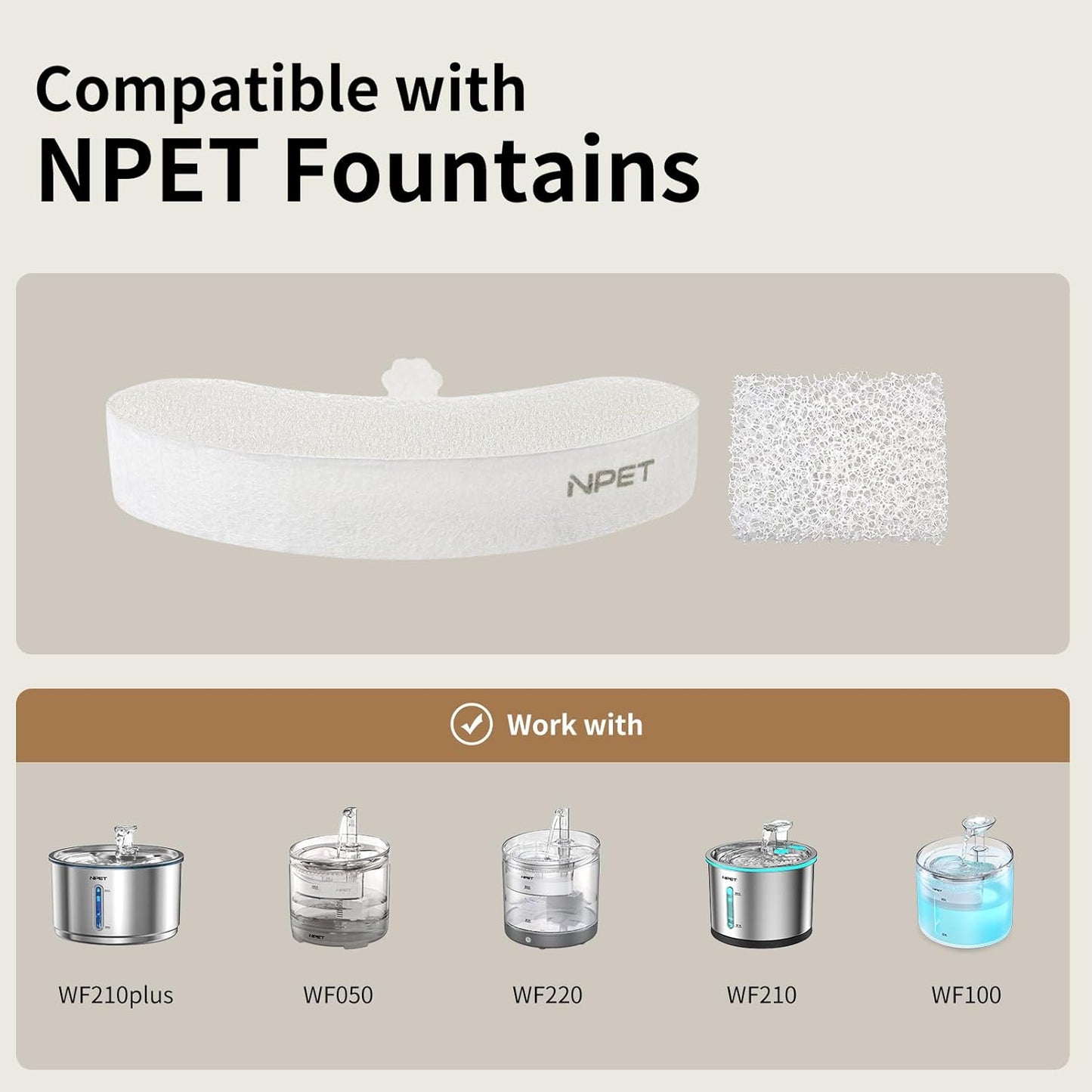 NPET Upgraded Design 4 Pack Replacement Filters for WF050/WF100 Cat Fountain and WF210 Stainless Steel Pet Water Dispenser