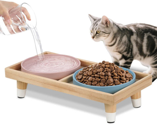 Cat Food and Water Bowl Set, Raised Cat Bowls Elevated for Indoor 7" Wide Puppy Plates Anti Whisker Fatigue Pet Feeding Dishes,Pet Feeding Station for Cats & Small Dogs (2Shallow Dish+Stand)