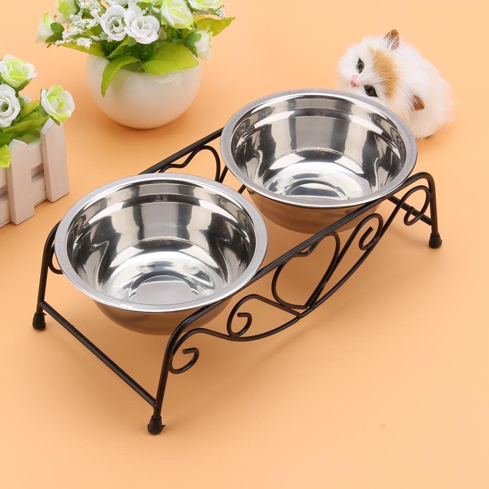 Elevated Pet Bowls, Stainless Steel Cat Dog Double Dog and Cat Water Food Feeder Retro Stand Dish Bowls Stand for Dogs Cats Puppy(Size: 10.2 x 5.5 x 3.3inch)