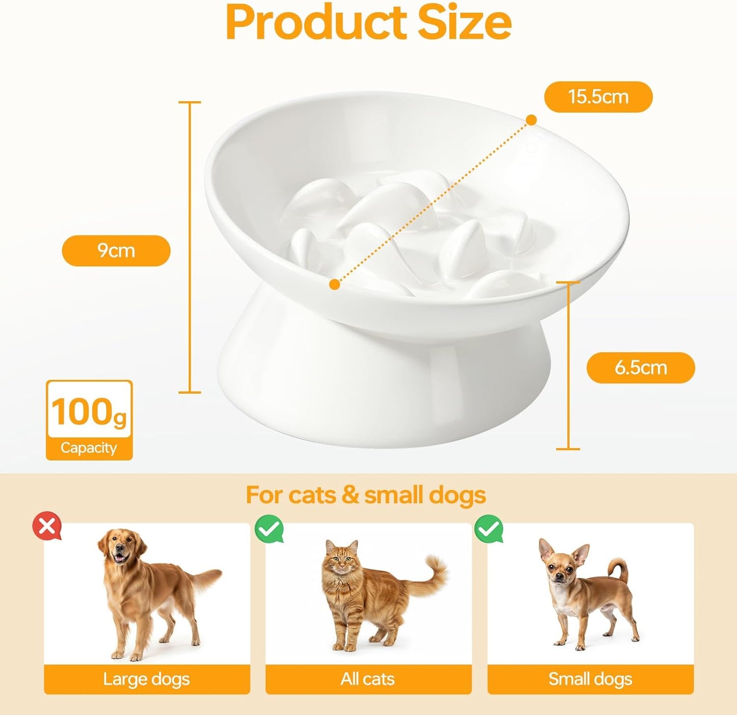 PETTOM Slow Feeder Cat Bowl with Stand, 2 Pack Ceramic Raised Tilted Cat Slow Feeder Bowl