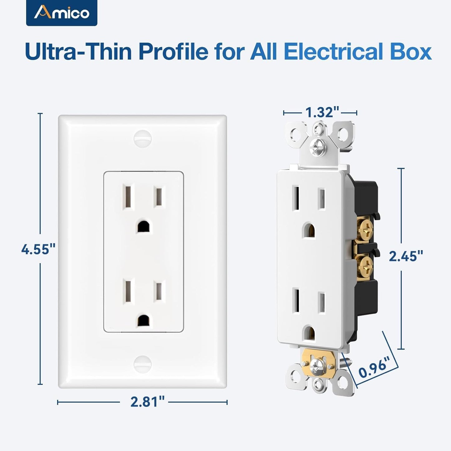 Amico 50 Pack Wall Outlet, 15 Amp Outlets, UL Listed, Tamper Resistant Standard Electrical Outlet, Decorator Receptacle with Wall Plate, Suitable for Home and Business, 125V/1875W, White