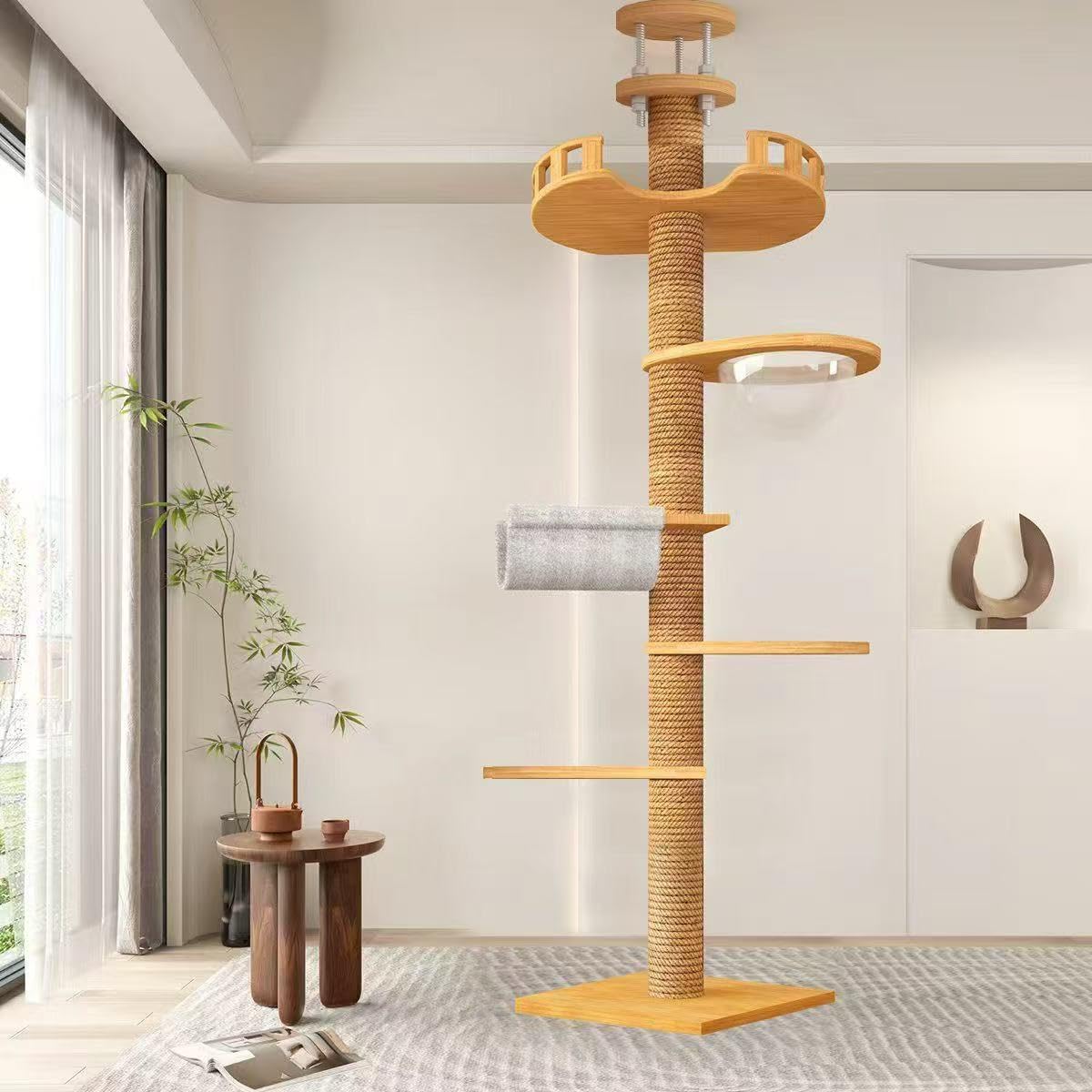 Sturdy Floor-to-Ceiling Cat Tree | Solid Real Wood 55-122'' Height Adjustable Drill-Free Tower | Ideal for Multi-Cat Households & Large Breeds with Extra-Thick 4.3" Solid Wooden Posts