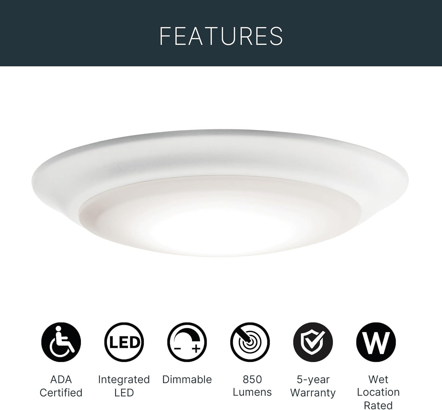 Kichler Gen 1 LED Downlight in White, 7.5” Ceiling Flush Mount Wet Rated Interior Dimmable Light for Living Room, Dining Room, Kitchen, Bathroom and Bedroom, 3000K, (7.5” x 1.5”), 43846WHLED30