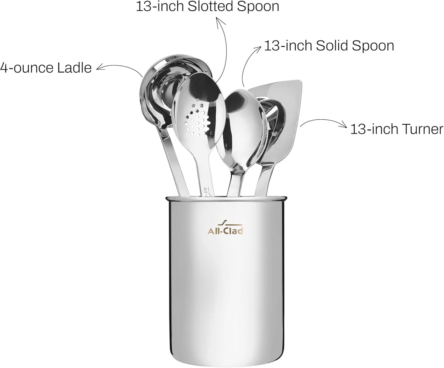 All-Clad 5-Piece Stainless Steel Kitchen Utensil Set – Includes Ladle, Solid Spoon, Slotted Spoon, Turner & Storage Caddy – Heavy-Gauge, Ergonomic, Dishwasher Safe, Silver