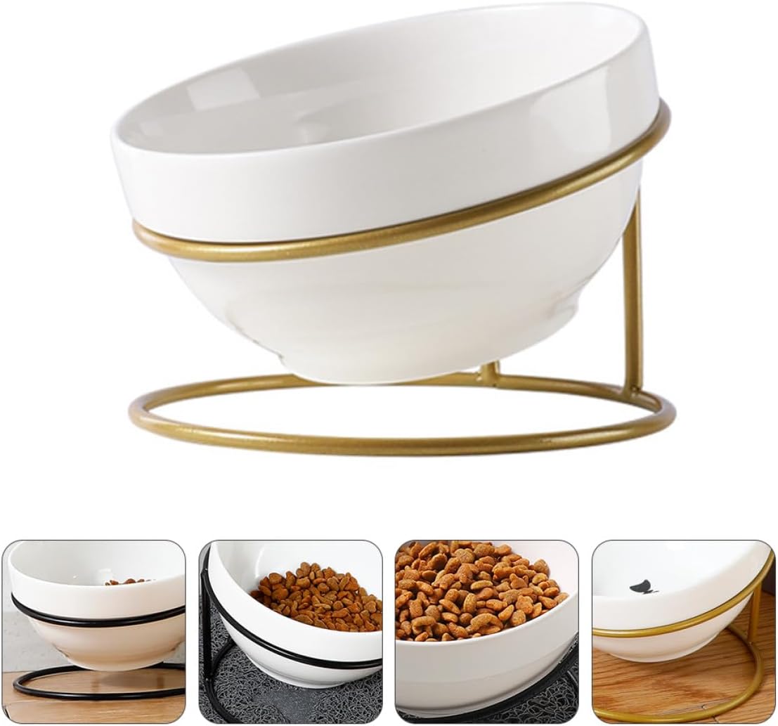 Milisten Ceramic Pet Feeding Bowl with Iron Stand, Slant Design Raised Cat Food Bowl for Indoor Use, Protective Elevated Pet Feeder for Dogs and Cats Random Style