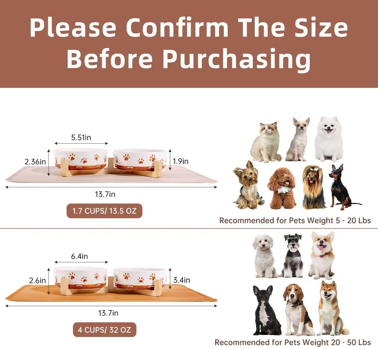 Ceramic Dog Bowls, 3.5 Cups Dog Food and Water Bowl Set for Medium Dogs with Wooden Stand and Non-Slip Silicone Food Mat, Weighted Embossed Cute Puppy Bowls Feeding Dishes Set of 2, 32 OZ