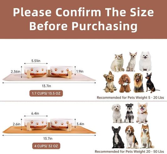 Ceramic Dog Bowls, 3.5 Cups Dog Food and Water Bowl Set for Medium Dogs with Wooden Stand and Non-Slip Silicone Food Mat, Weighted Embossed Cute Puppy Bowls Feeding Dishes Set of 2, 32 OZ