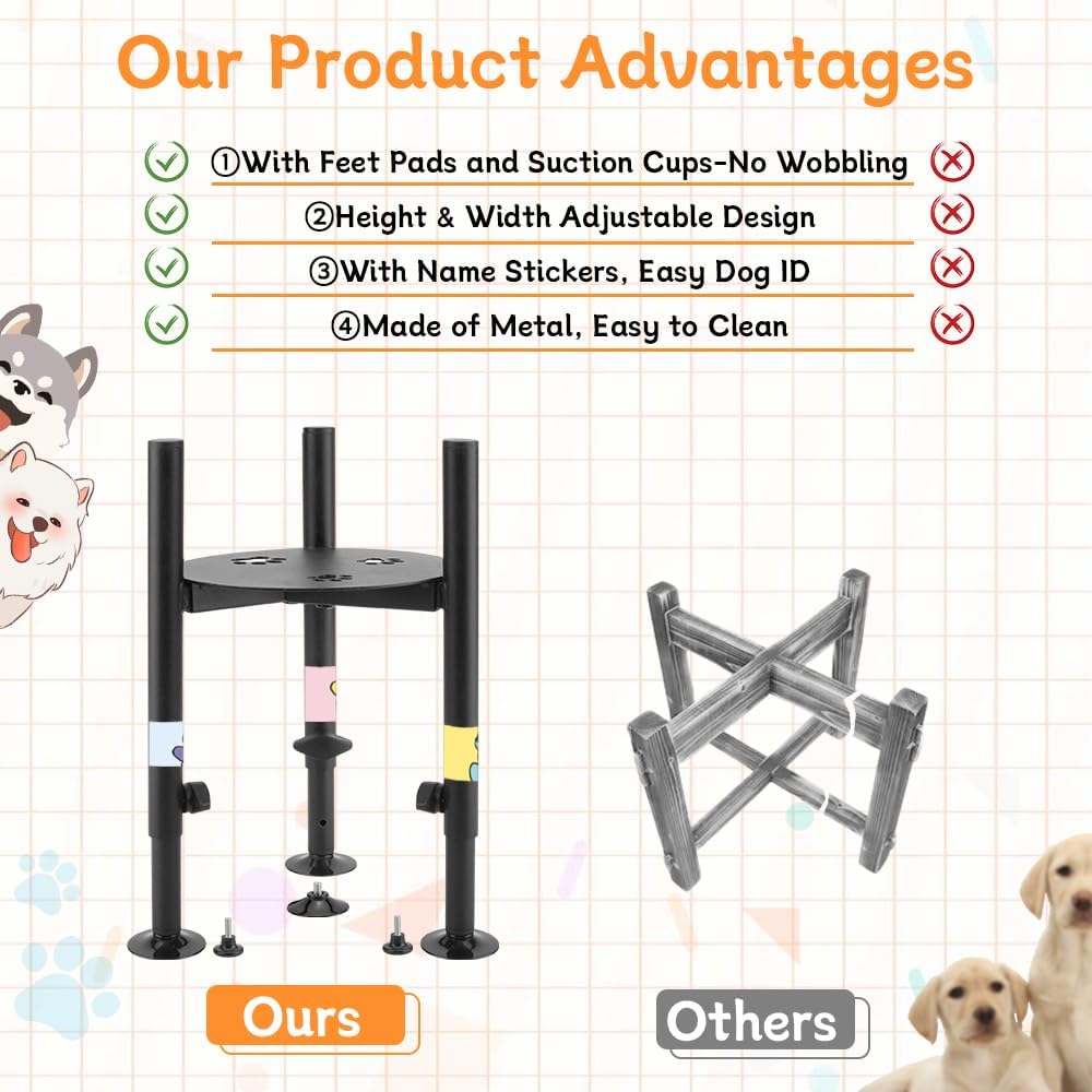 Single Dog Bowl Stand for Medium Large Dogs, Adjustable Width 6-10" Raised Dog dishes Stand，Elevated 4 Heights Tall Dogs Bowls Holder with Name Label Stickers, Black(Bowl Not Included)