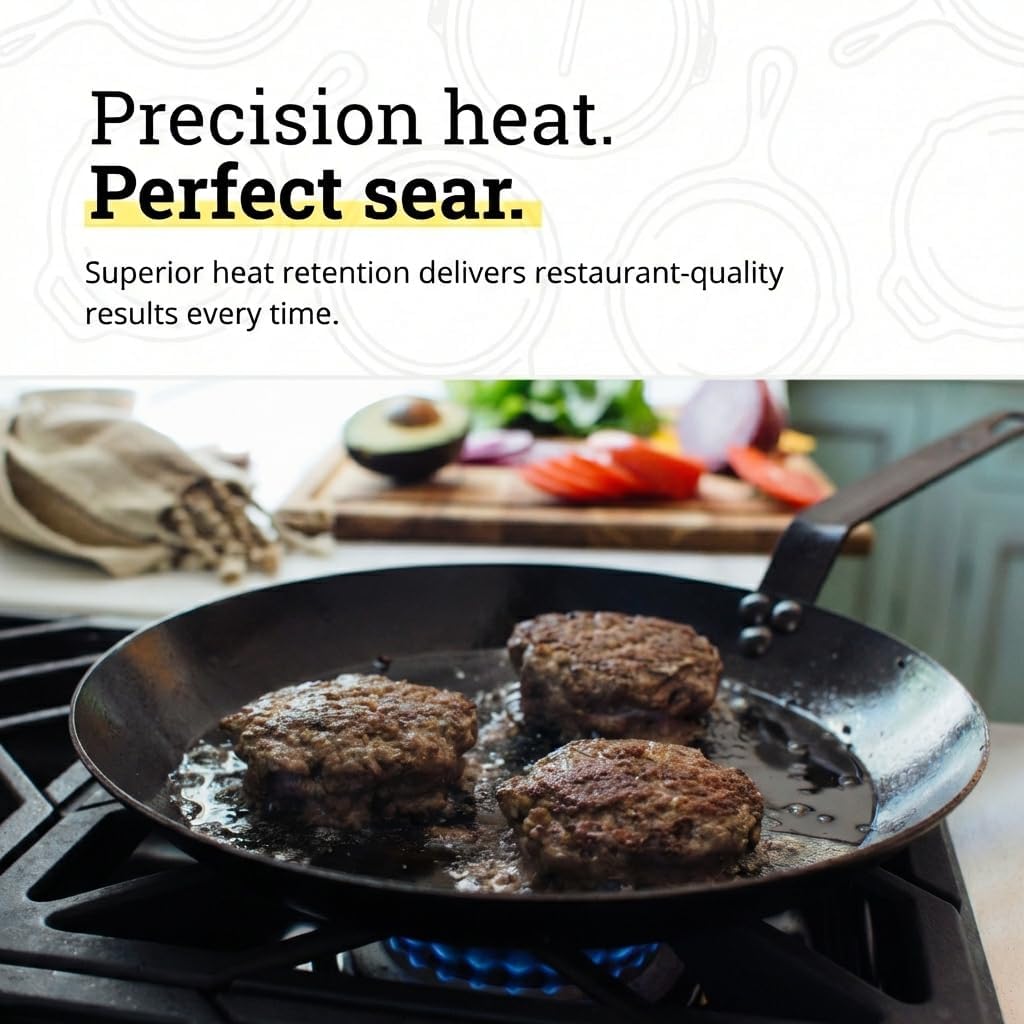 Lodge 12 Inch Carbon Steel Skillet - PFAS-Free Pre-Seasoned Carbon Steel Frying Pan for High-Heat Searing - Long Handle Design for Omelets, Grilling, and Campfire Cooking - Made in the USA