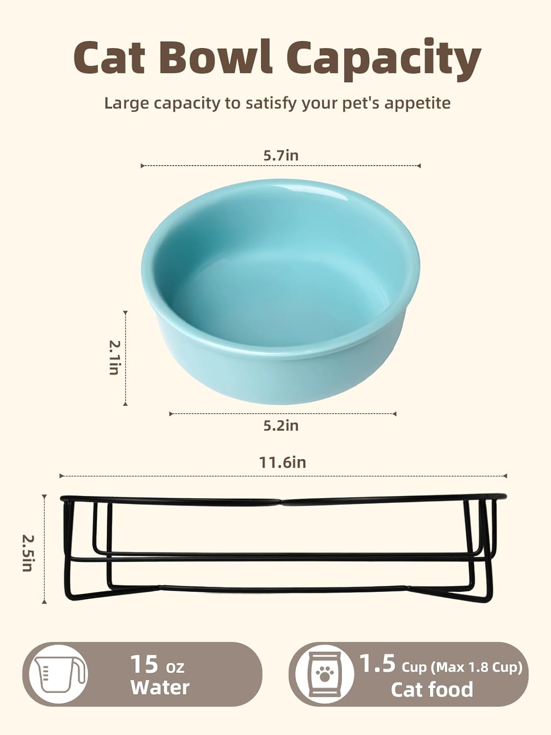 GDCZ Elevated Cat Bowl Stand, 11.6 in Metal Stand with 2 Removable 15 OZ Ceramic Bowls for Pet Food and Water, Stand Reduces Cat Neck Burden, Turquoise