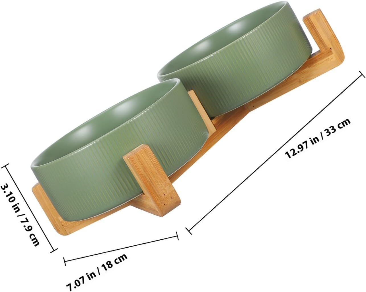 PRETYZOOM Ceramic Pet Bowl with Wood Stand, Double Raised Dog and Cat Feeder Bowls, Matte Green Non-Spill Water and Food Dish for Small to Medium Pets