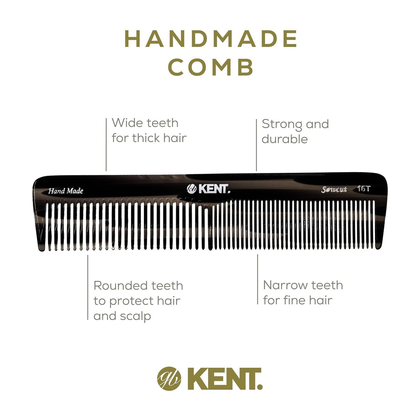 Kent 16T-16TG Fine Tooth and Wide Tooth Comb for Daily Grooming, Handmade Styling Comb for All Hair Types, Styling and Detangling Combs for Men and Women