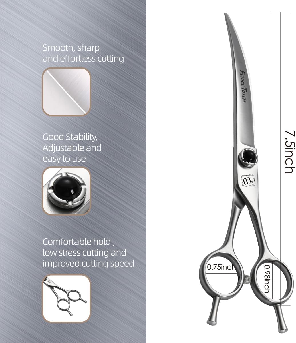 Dog Grooming Scissors: 7.5 inch Pet Curved Shears Made Of Japanese 9CR Advanced Stainless Steel Professional Grooming Scissors for Dogs Cats and Other Pets