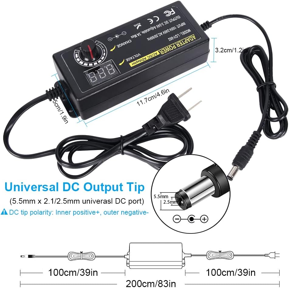 72W Power Supply Adjustable DC 3V ~ 24V Variable Universal Switching AC/DC Adapter 100V-240V AC to DC Converter with LED Voltage Display and 14 Tips, for 3V to 24V Household Electronics - 3000mA Max