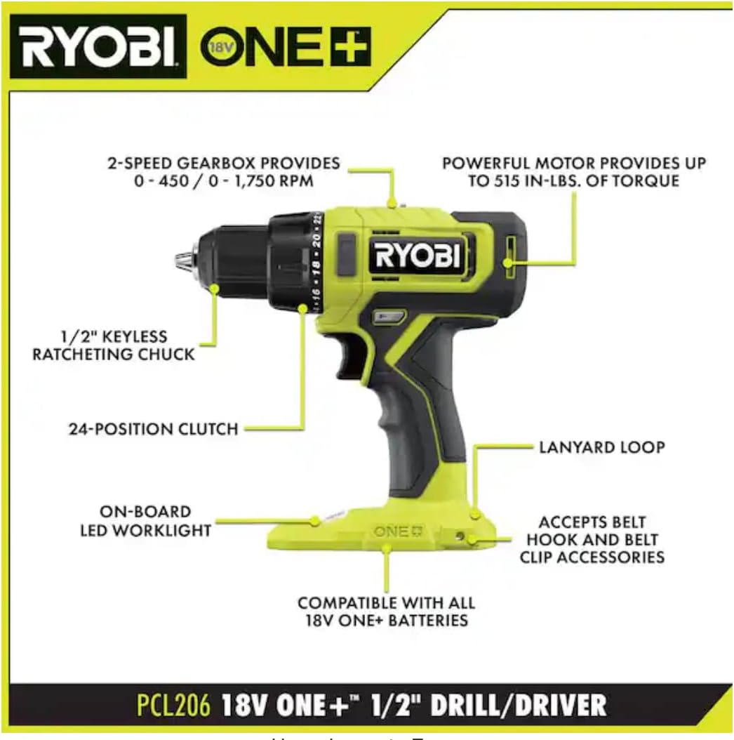 RYOBI ONE+ 18V Cordless 1/2in Drill/Driver PCL206B (Tool Only)