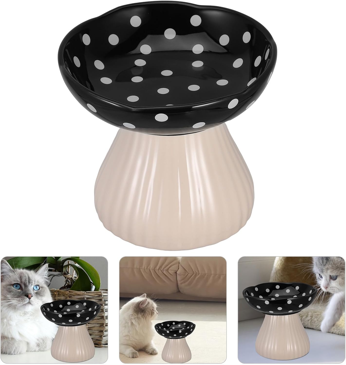 PRETYZOOM Elevated Cat Feeding Bowl and Raised Water Dish Ceramic Pet Bowl Wide Shallow Design with Black Mushroom Stand for Small Dogs and Indoor Cats