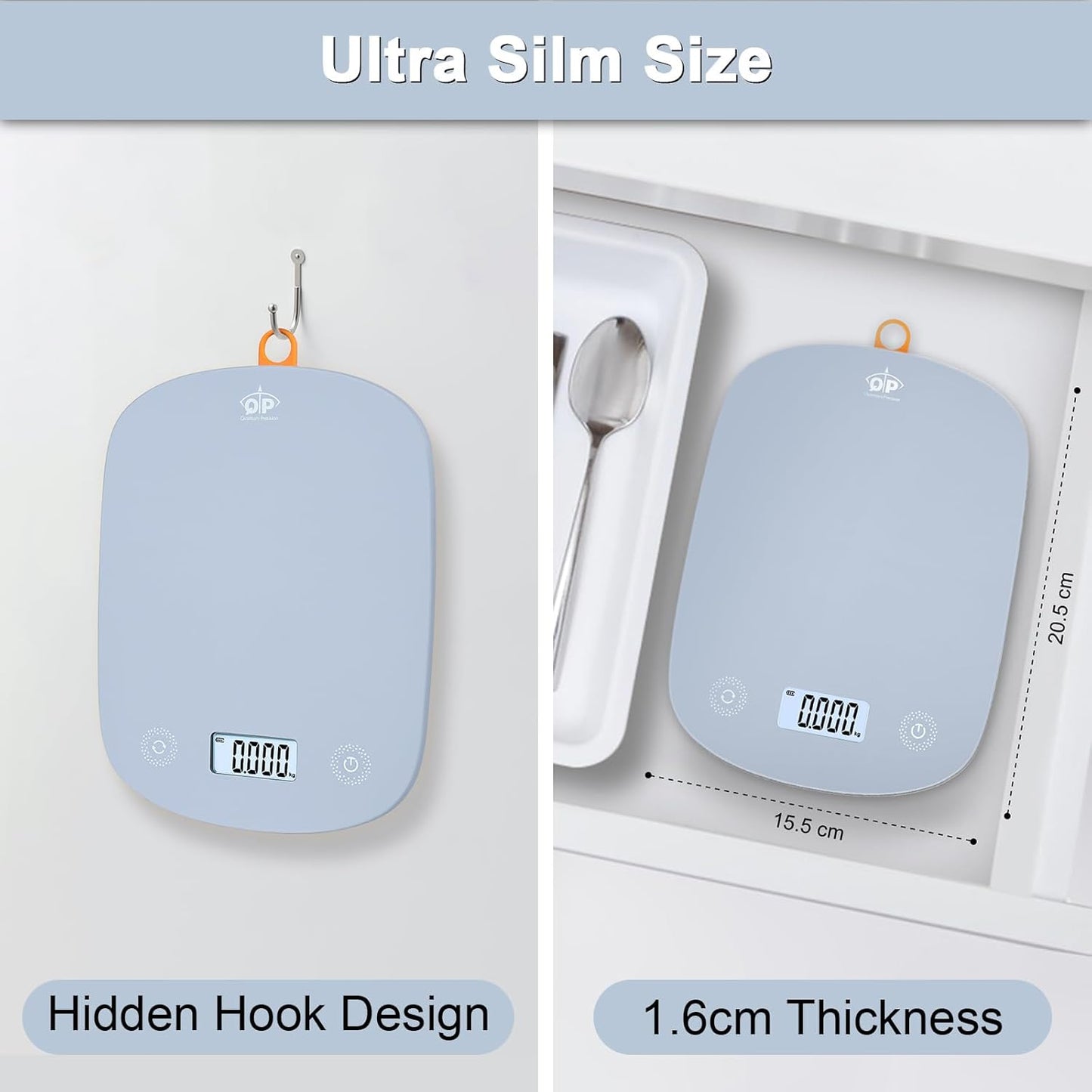 QP Digital Food Scale, 11lb Digital Kitchen Scale, 1g High Accuracy Meat Scale, 6 Units, Cooking Scale with Hook, Ultra Slim Kitchen Weight Scale, Touch Control, Tare Function, Auto Off, LCD Display