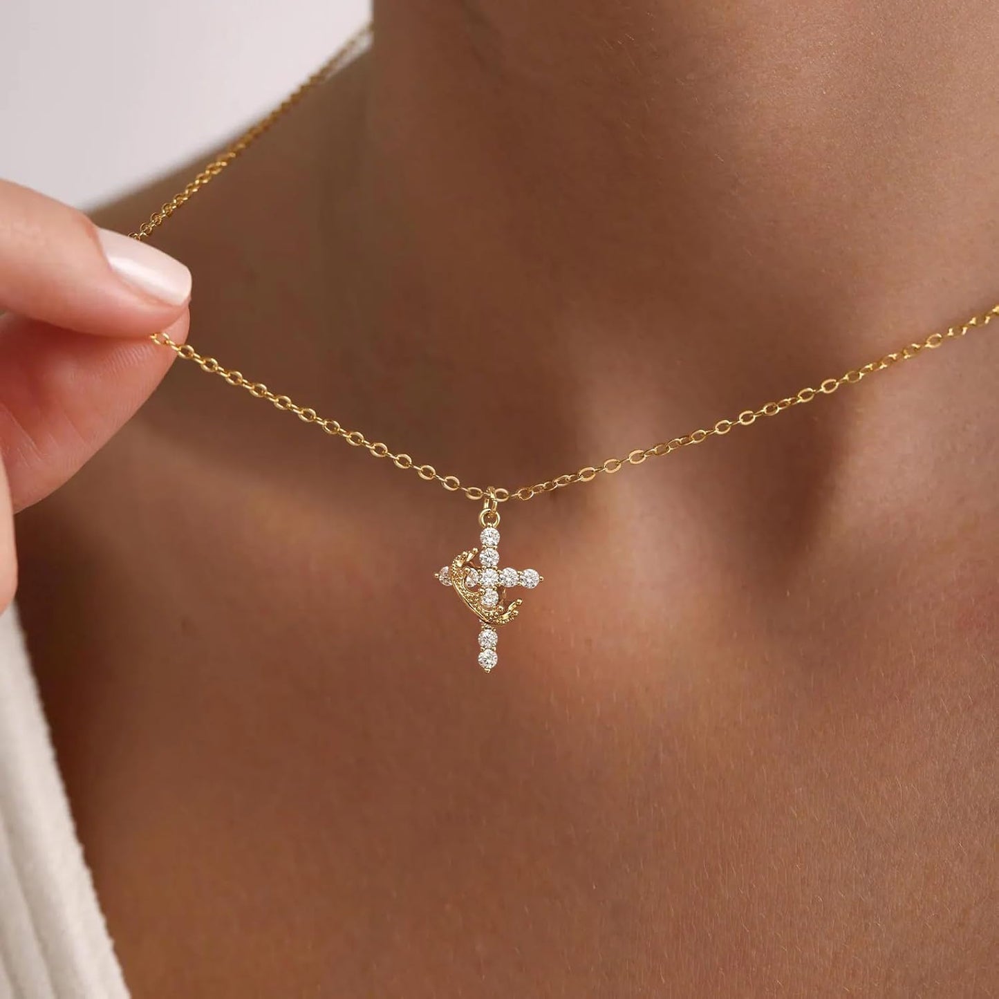 Valentines Day Gifts Upgraded Crown Cross Necklace for Women, 14K Gold Plated Crown Cross Pendant Necklace, Non-Tarnish Faith Jewelry for Women, Christian Religious Gifts for Her