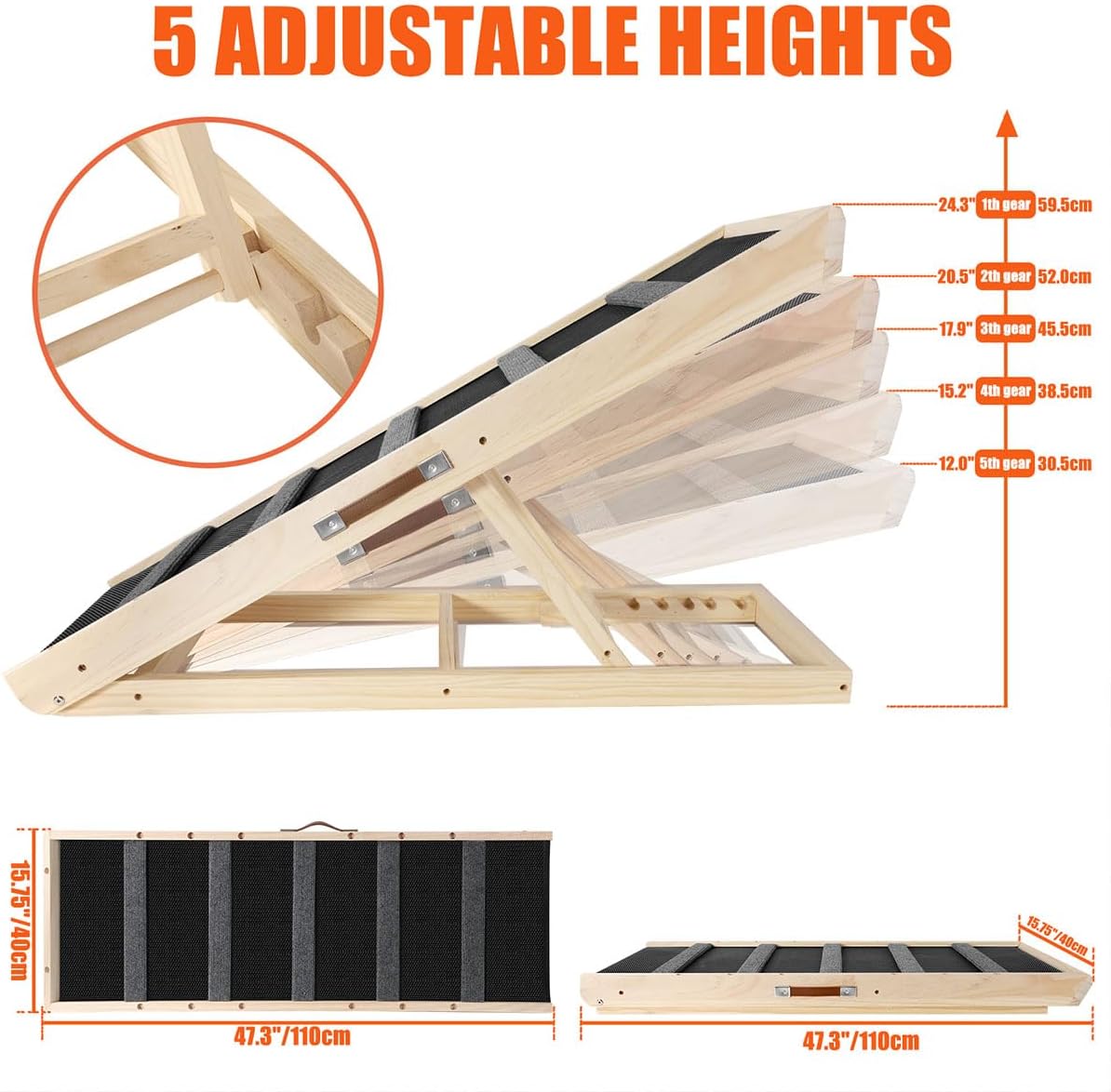 GaliGali Dog Ramp, Adjustable Portable Folding Pet Ramp, Grey 43.3" Long Wooden with Non-Slip Traction Pad for Small Old Dogs and Cats, Applies to Sofa, Couch, Car NO.GGPTZHI-110