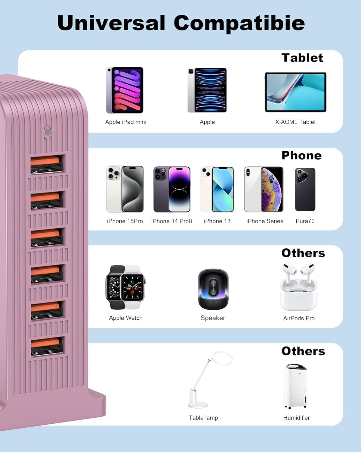 Charging Station for Multiple Devices,VPSUN 50W USB Charger Tower,Multi 6 Port USB Charging Hub Compatible with iPhone 15/14/14 Pro/14 Pro Max/Android/Samsung/Tablet,etc(Pink, 50W)