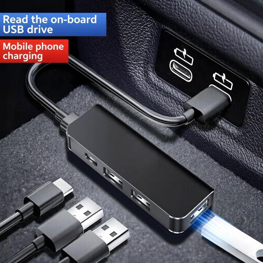 Car Accessories 4-in-1 Car USB Hub Equipped with a Data Interface and Multiple Type-C/USB-A Fast Charging interfaces，USB Hub for iPhone,iPad,Samsung Galaxy,USB Flash Drive，Android（Black）