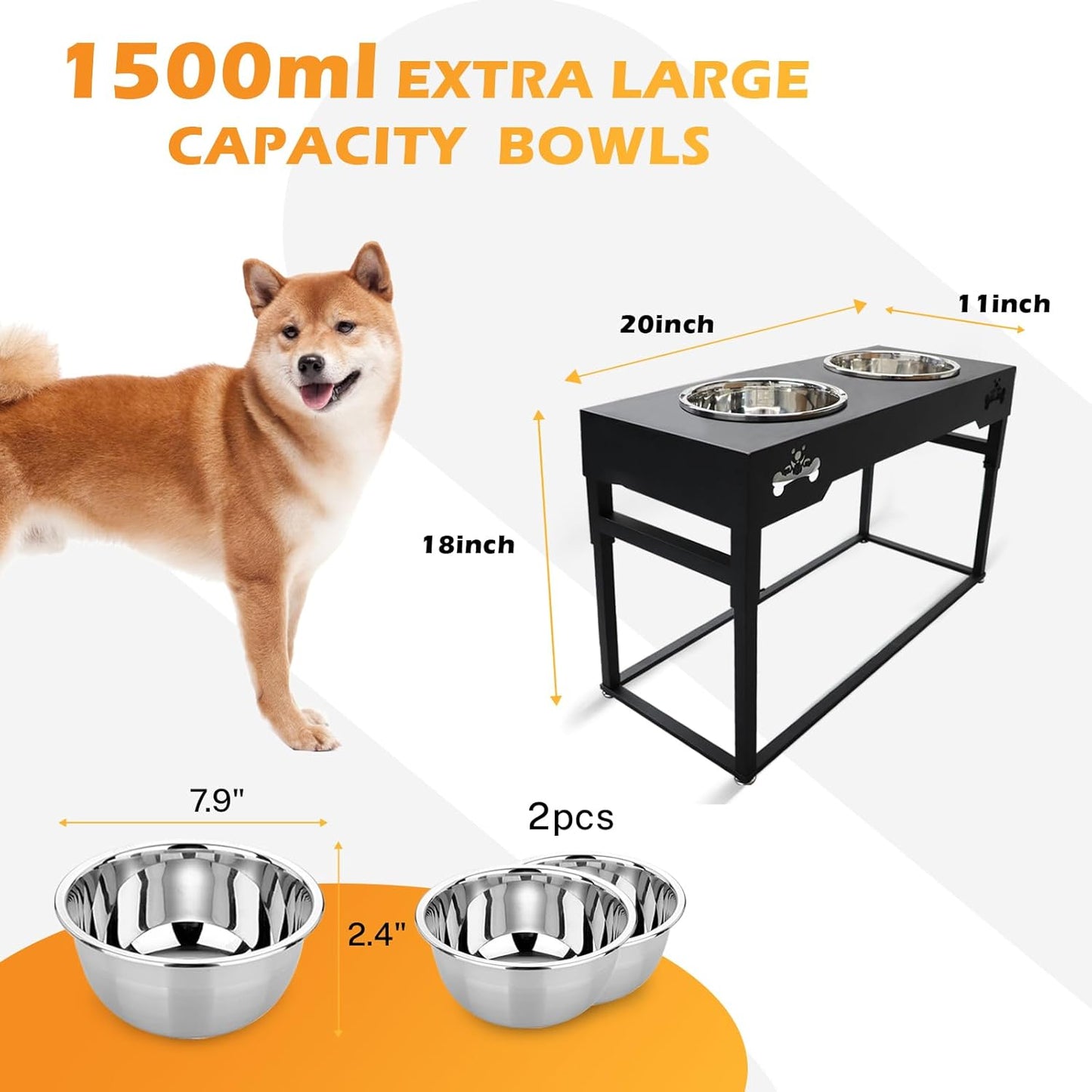 Elevated Dog Bowls Raised Pets Bowl Stand with 2 Large Water Food Bowls Wooden Elevated Raised Dog Bowls for Larger Medium Small Sized Dogs (Black Metal, Large 4L)