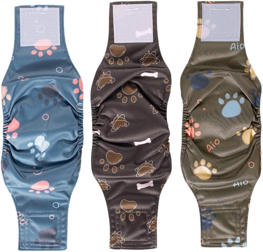 AIO Washable Male Dog Belly Band Pet Diapers Cute Claws Washable Male Puppy Diapers Belly Bands Reusable Dog Diapers S(Blue Claws,Brown Heart,Brown Claws)